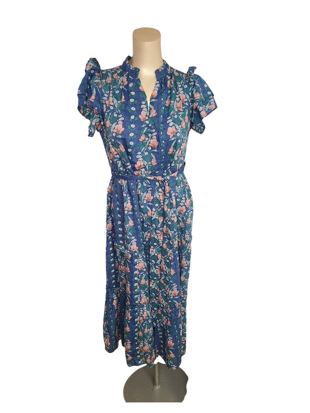 Crown & Ivy Blue Floral Tiered Midi Dress Ruffle Sleeves Size PS